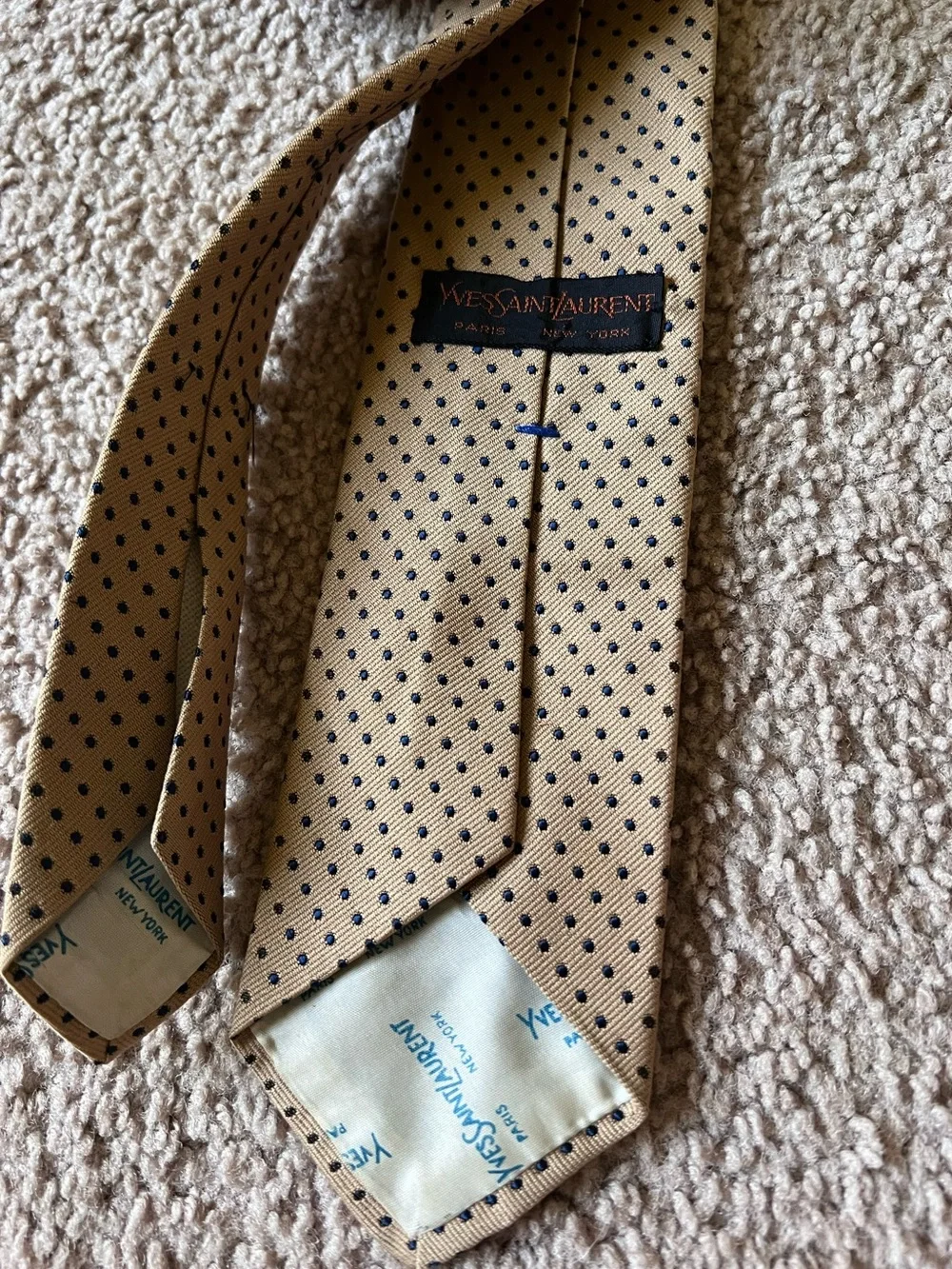 Vintage Yves Saint Laurent Silk Polka Dot Tie YSL Tan Gold Navy Logo